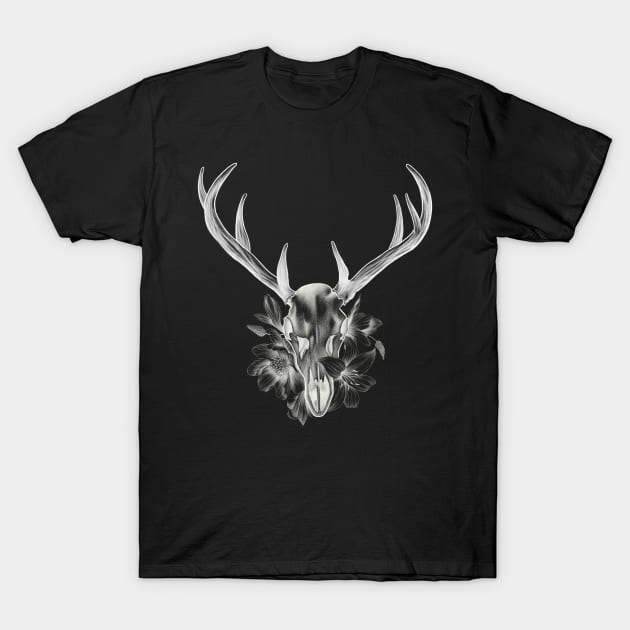 Deer Skull with Antlers in a Bed of Flowers and Lilys T-Shirt T-Shirt by Tred85